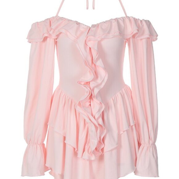 Pink Sexy Women's Ruffled Bodycon Halter Top Jumpsuit - Picture 4 of 4